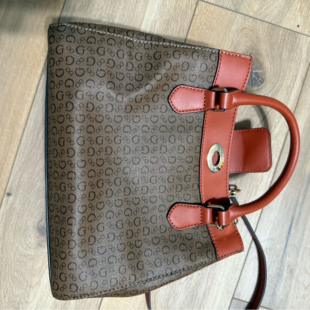 G by Guess Brown and Tan Satchel with Monogram Design